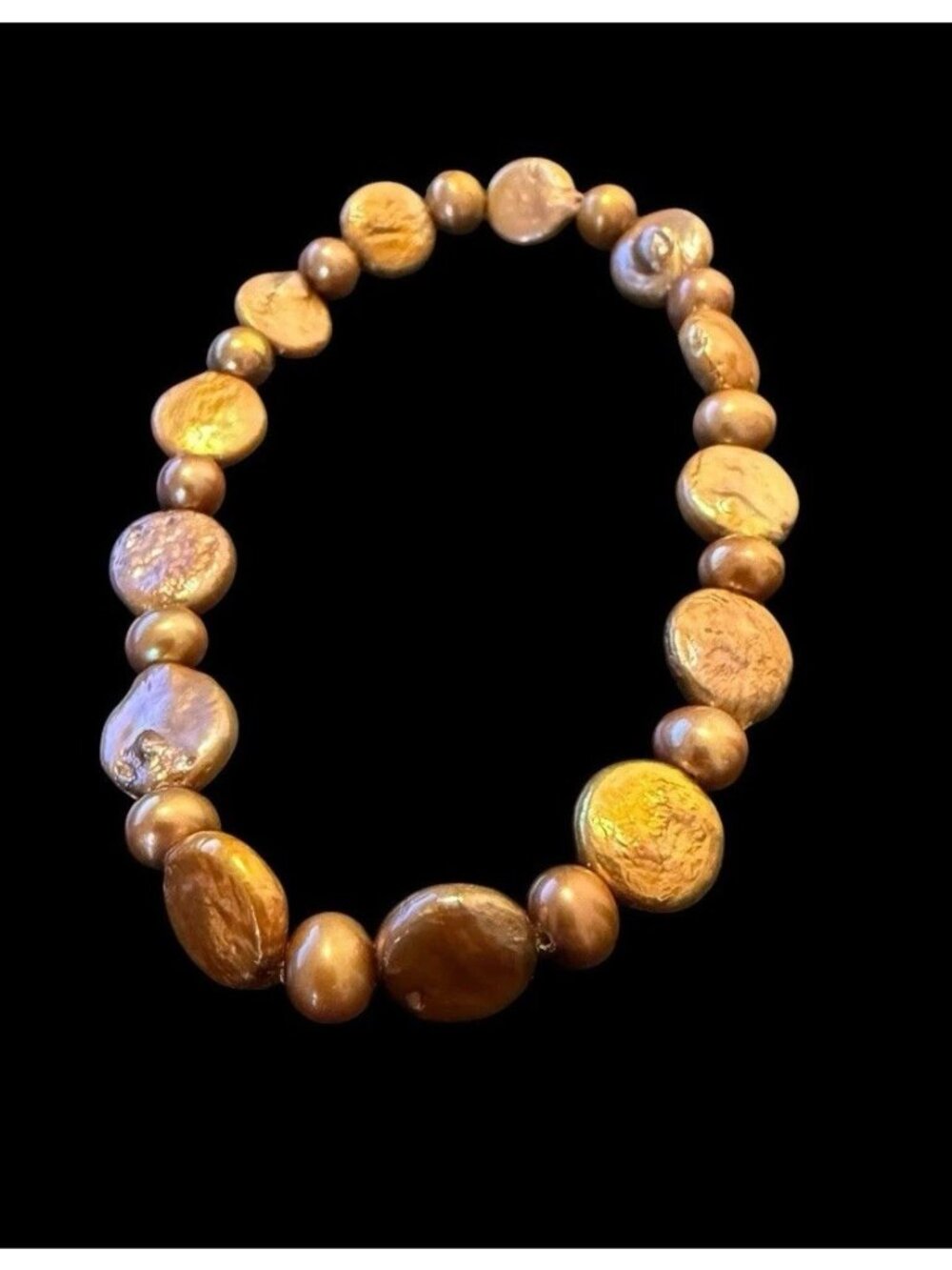 Artisan Metallic Gold Coin Pearl Stretch Bracelet Cultured Freshwater Beaded